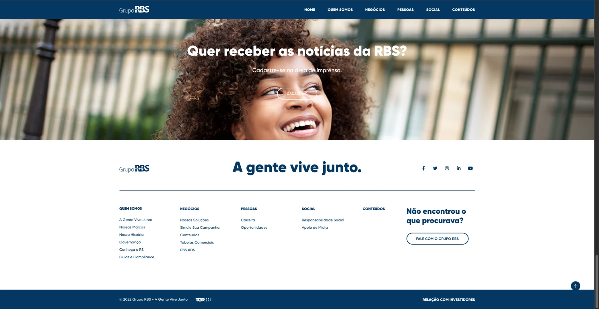 Site do Grupo RBS: chamada de cadastro e rodapé da marca.